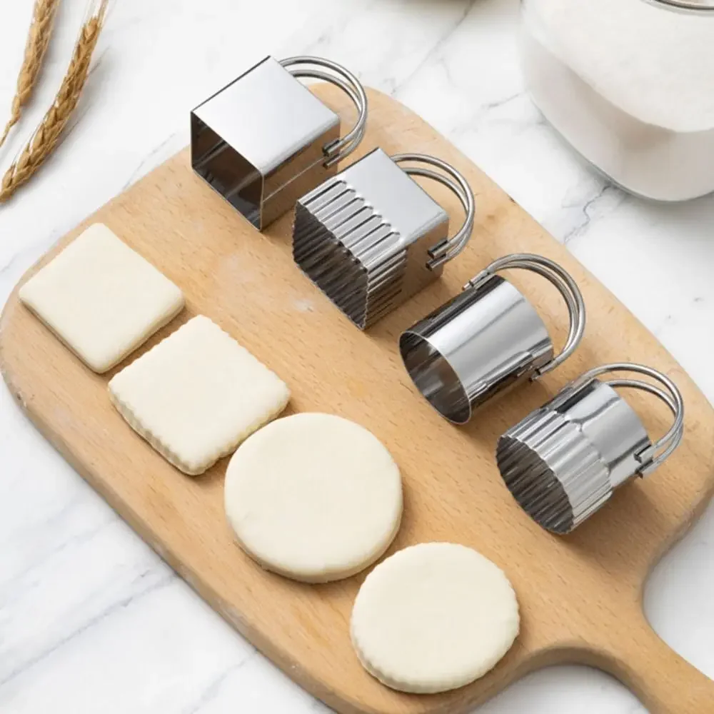 5pcs Square/Round Stainless Steel Cookie Cutter Set Lace/Straight Edge with Handle Biscuit Mold DIY 5 Sizes Sandwich Mold