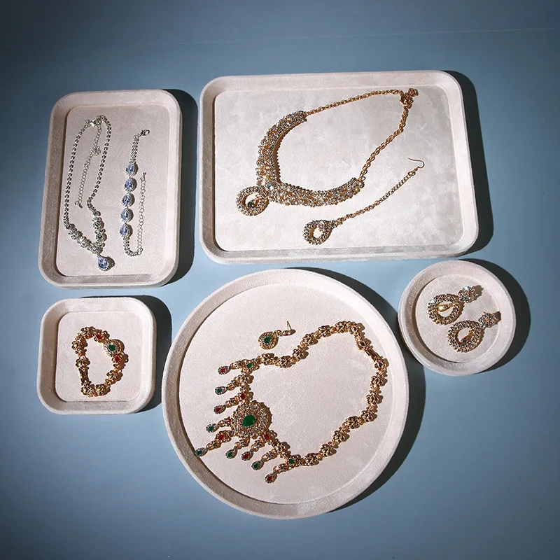 

1pc Fashion Velvet Jewelry Tray Beige Series Multipurpose Necklace Bracelet Earrings Display Storage Trays Counter Showcase Prop