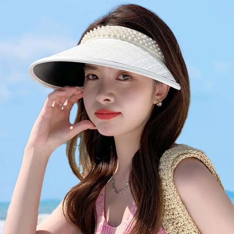 Solid Big Brim Visor For Women Empty Top Female Summer Sunshade Hat Hair Band Style Pearl Adorned Black Rubber Sun Visor Hat - view 2