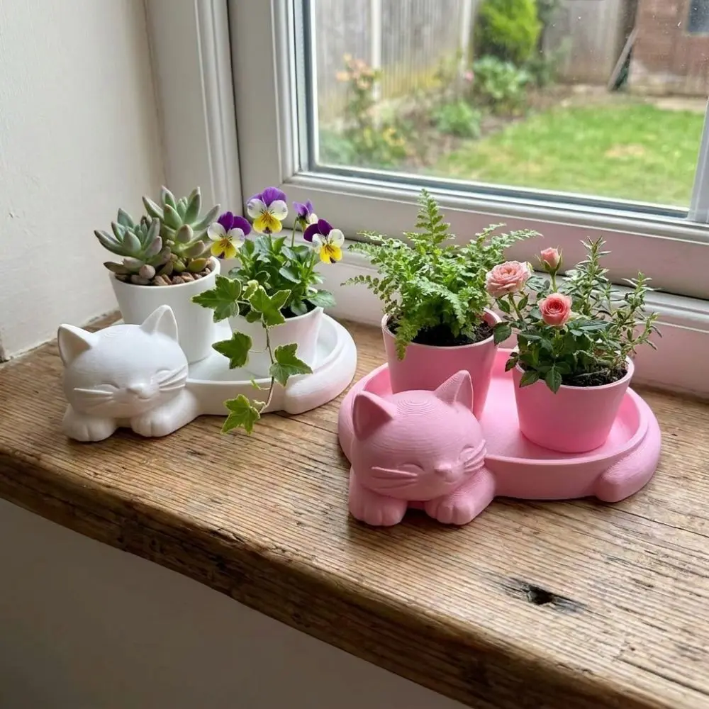 3D Printed Cat-Shaped Flower Pot Cute Animal Lazy Cat Kitten Desktop Planter Lifelike Novelty Mini Potted Plant Gardening Gift