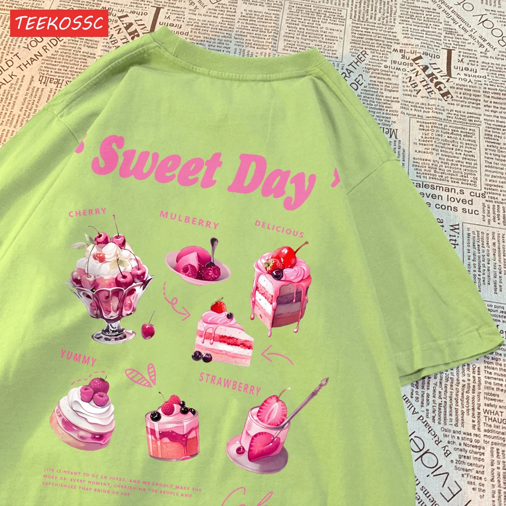 Street Cotton Womans T-Shirts Sweet Day Pink Ice Cream Cake Printed Streetwear Miękkie, oddychające, oversize Trend Odzież damska