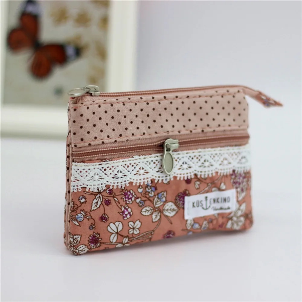 

New Small Coin Purse Multi-layer Cotton Fabric Card Wallet Storage Bag Girls Woman