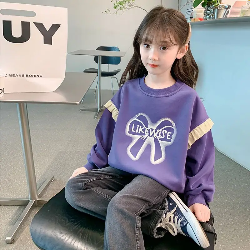 Spring Autumn Girls Hoodie Korean Style Purple Sweatshirt Kids Casual Tops Children Outerwear Base Layer Shirt