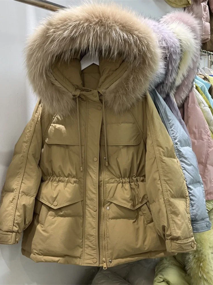 

2023 Big Fur Collar Down Parka New Pocket White Duck Down Winter Jacket Women Thick Warm Parkas Female Outerwear