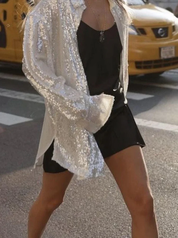 

Lapel Chic Sequin Loose Shirt Women Fashion Full Sleeve Single Breasted V-neck Shirts 2025 Lady Daily High Street Casual Wear
