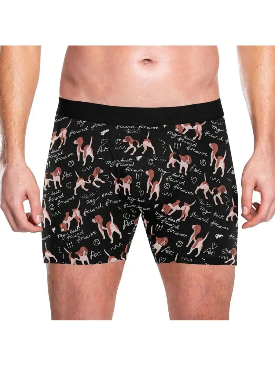 Mens Boxer Shorts Soft 100% Polyester Stretch Inseam Briefs With Fly Funny Dog Print Novelty Underwear