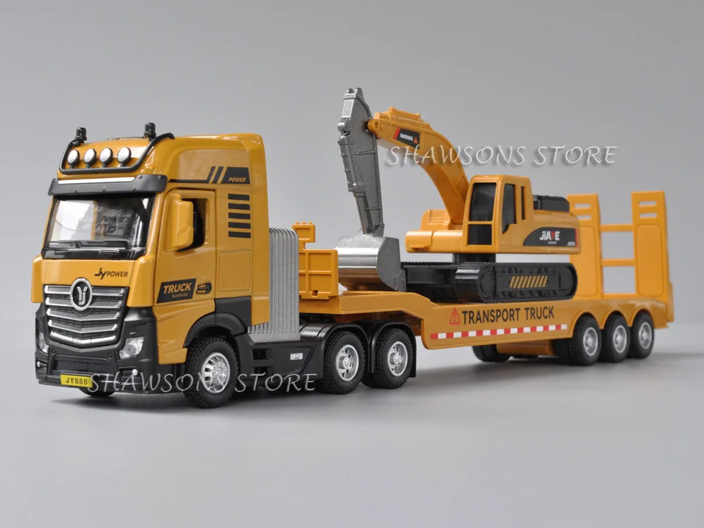 1:50 Scale Diecast Model Truck Toy Tractor and Flatbed Semi-Trailer With Excavator Miniature Replica