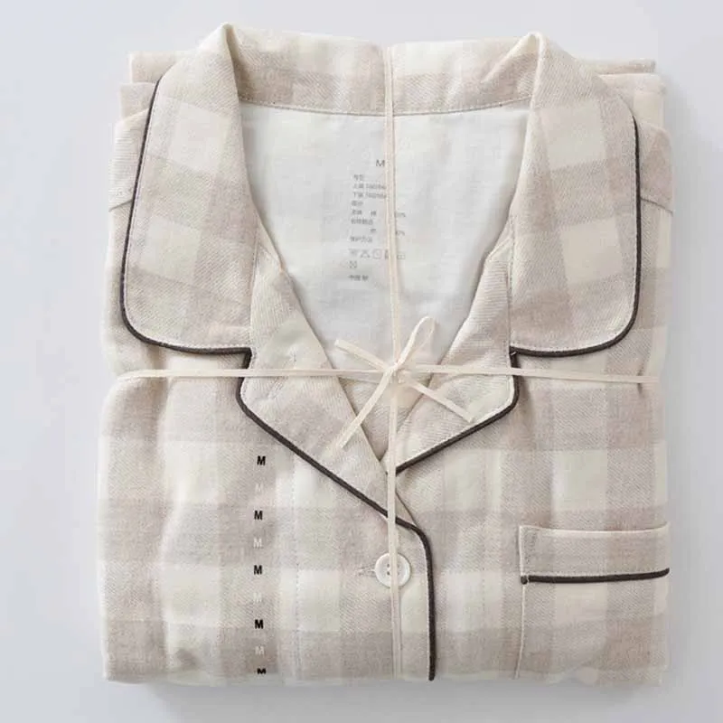 Women Brushed Cotton Pajamas Set Grid Homewear Sleepwear Autumn Soft Pjs 2 Pcs Shirt&pants Long Sleeves Casual Loose Loungewear