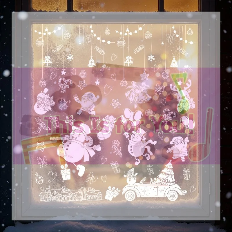 【MA】4Pcs Minimalist Static-cling White Lines Glass Decals For Christmas Featuring Snowmen Santa Claus And Balloon Glass Windows