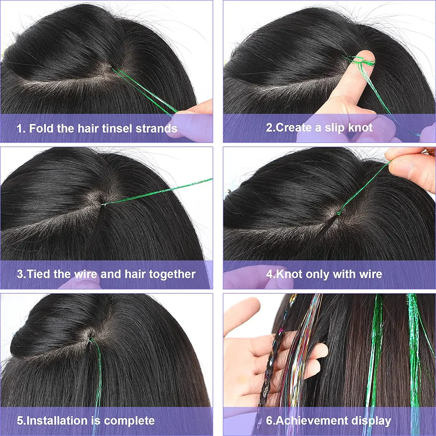 Extensiones de cabello de oropel brillante, pelo holográfico colorido, 20 colores