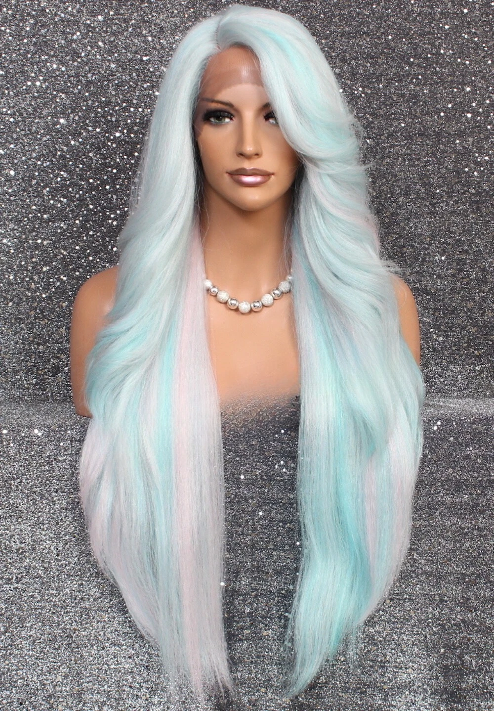 

Extra Long Hair blend Heat OK Lace Front Wig WBPC Baby Blue Pink white