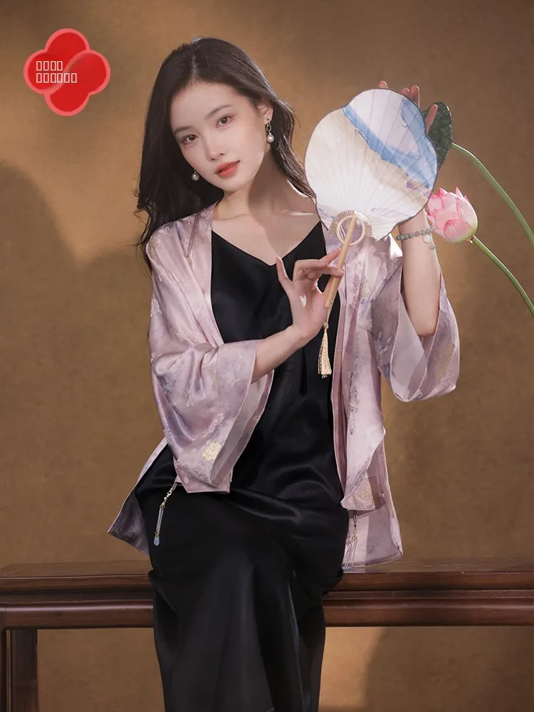 

Ele Silk Gold Weave Spring New Sle Heavy Embroidery Hanfu Jaet Women's Top Straight Cut Commute Sle Long Sve Coat