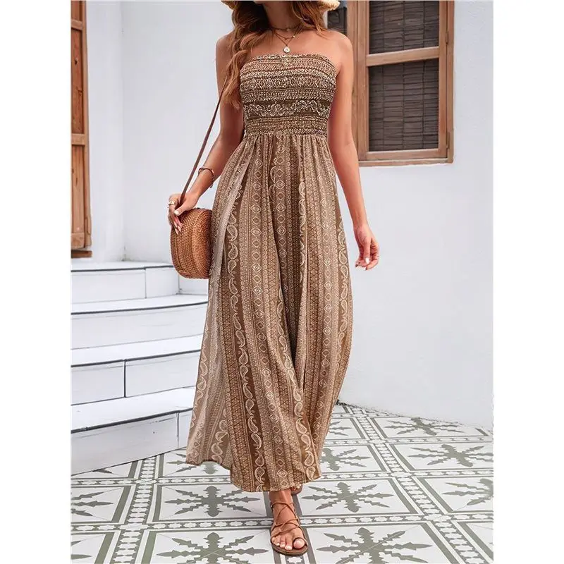 BARU-Jumpsuit Wanita Model Tube Motif Boho Longgar Tanpa Lengan Smocked Romper Celana Panjang Lebar dengan Belahan