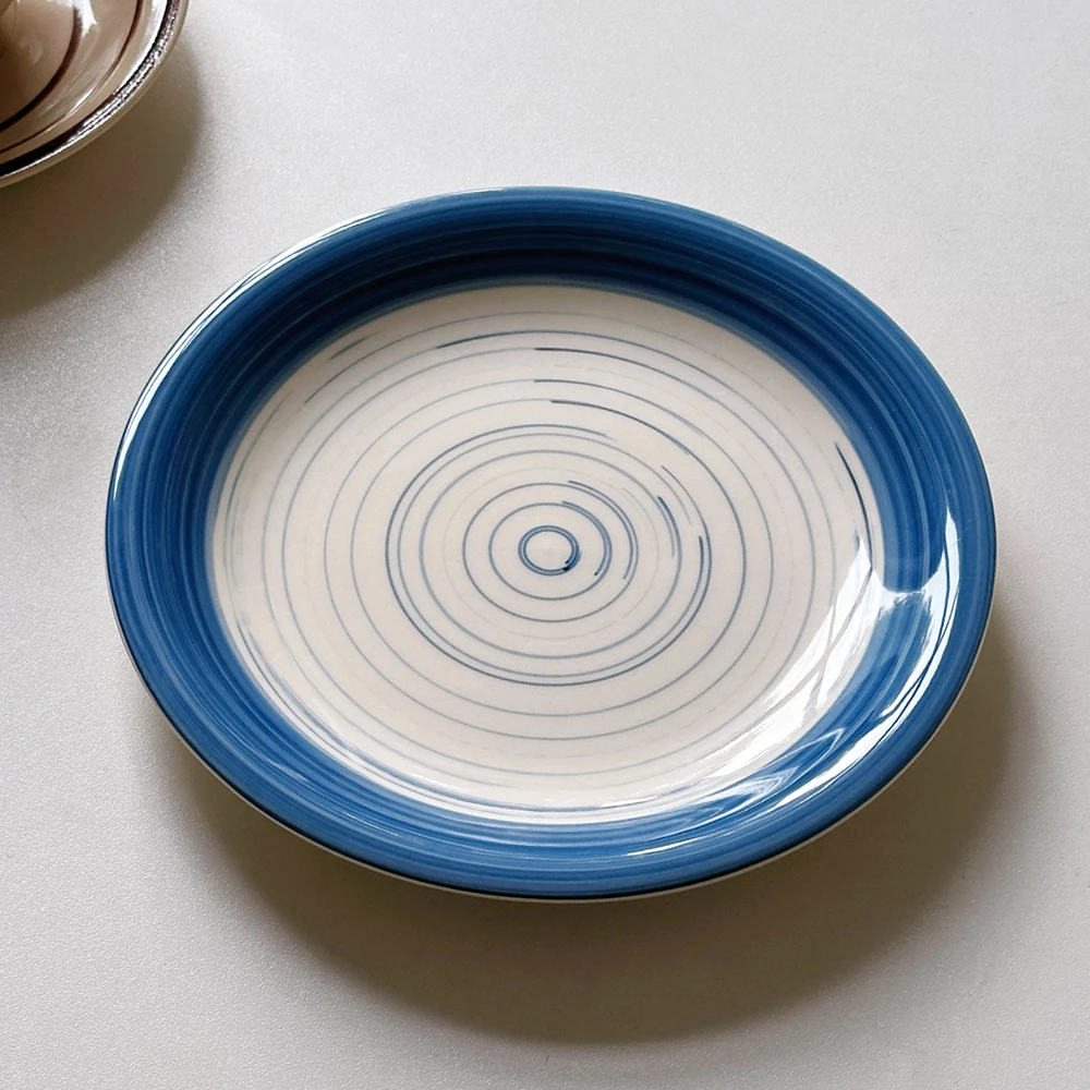 

Blue Ceramic Dish Plate for Home Use Deep Blue White Spiral Stripe Glossy Glaze Finish Plates Kitchen Bread Dessert Tableware