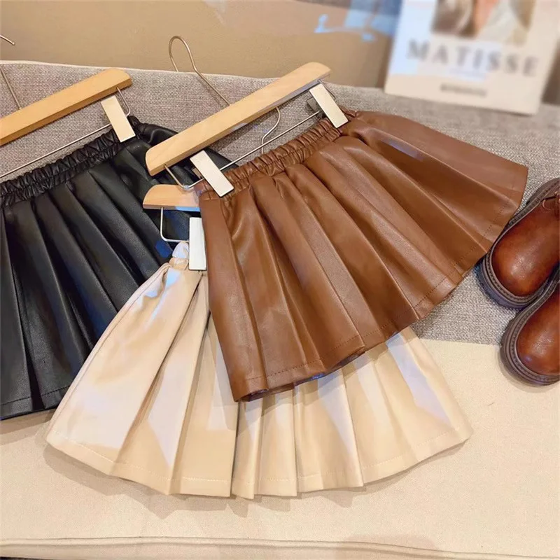 Children\'s Girls Pu Leather Skirt Little Princess Pleated Leather Short Skirt Children Waist Skirt Half Pleated Skirt