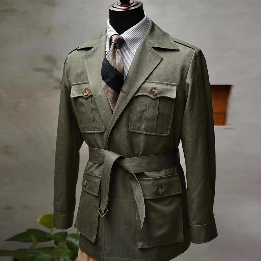 Safari Style Men's Suit Blazer Bow Collar Single Breasted Blazer Buckle Work Business Wedding Costume Homme Customized Travel