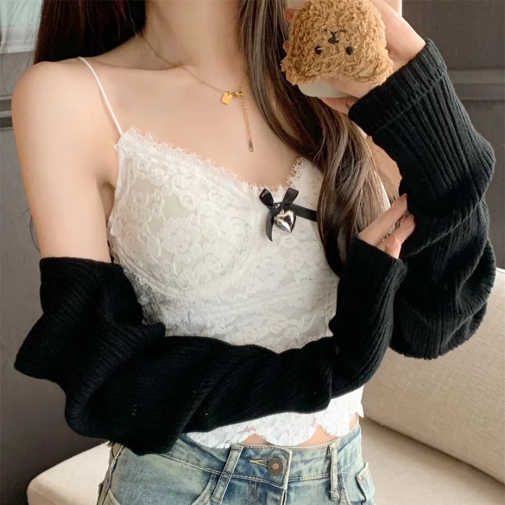 New Bow Tie V-neck Sleeveless Women's Shirt Sexy Basic 2-string Lace Bra Shirt Korean Style 2-string Tank Top Women