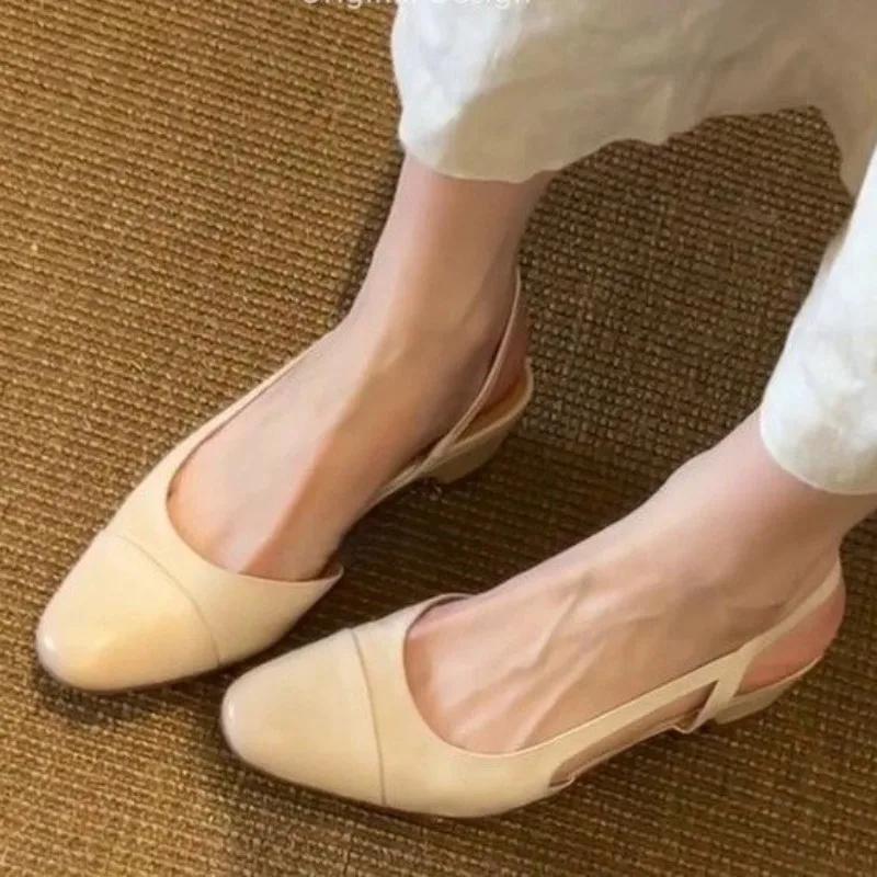 Women's Slingback Pumps Almond Toe Low Block Heel Side Cutout Cap Toe Detail Slip-On Smooth Finish Casual Shoes Vintage Style view 4