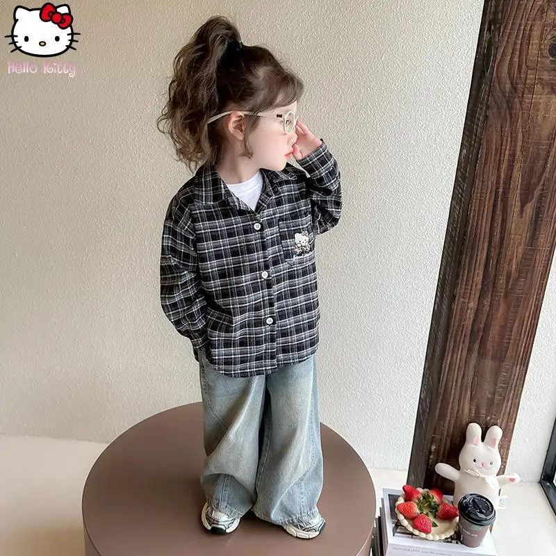 

Hello Kitty Girl Plaid Jacket Kawaii Clothing Cartoon Spring Autumn Shirt Anime New Style Girl Sanrio Fashion Lapel Shirt Jacket