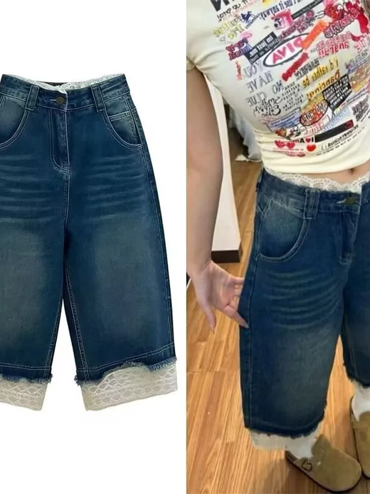 

American Retro Lace Splicing Seven-Foot Jeans Women's Summer New Large Size Fat MM Loose Slim Straight Tube Mid-Pants