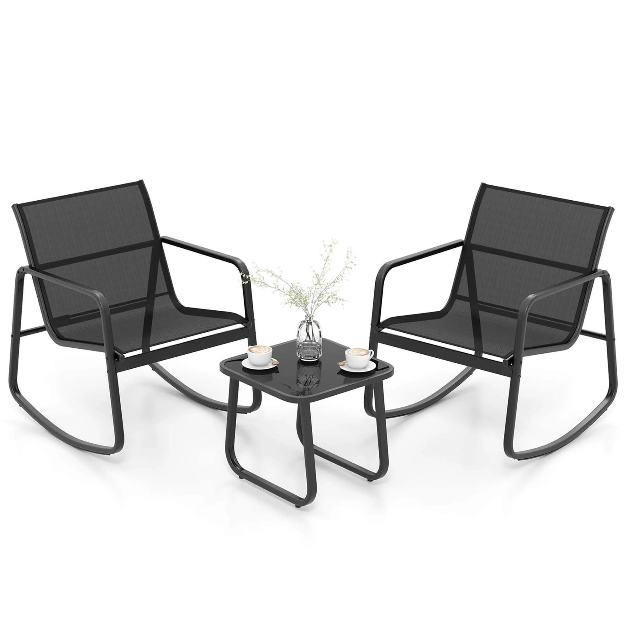 3 Piece Patio Rocking Set 2 Rocking Bistro Chairs & Glass-Top Table for Porch