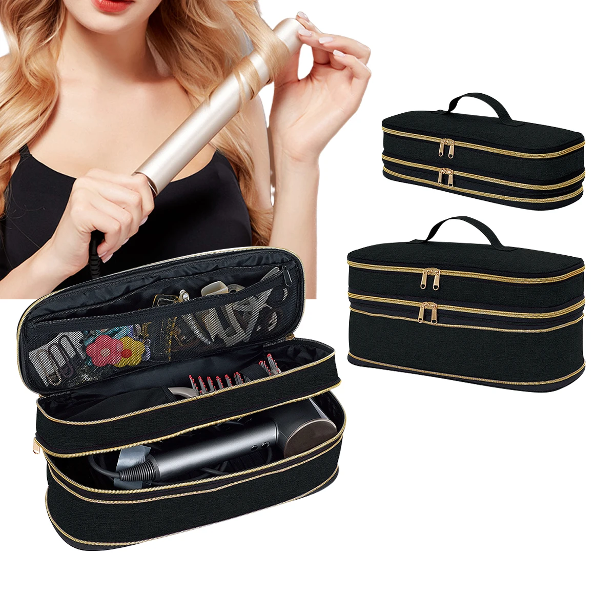 Hair Dryer Travel Carrying Case, Curling Iron Storage Bag, Slim Expandable Handheld Portable Dual Layer Travel Storage Bag for D