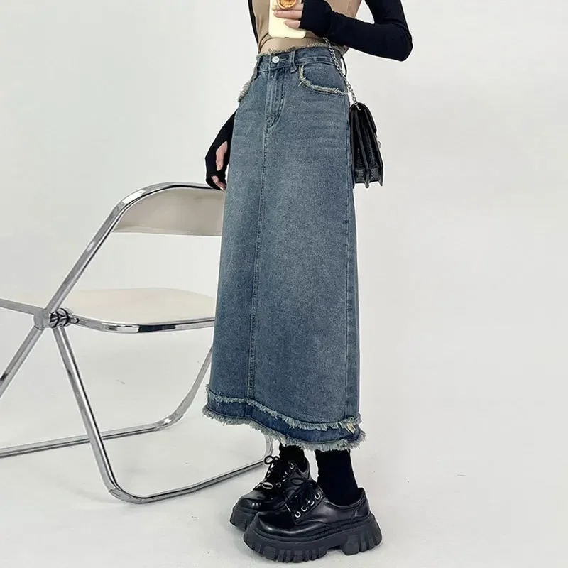 Retro Rough Selvedge Half Body Denim Long Skirt, Women's Spring and Summer New Fashion High Waist Hip Wrap A-line Denim Skirt