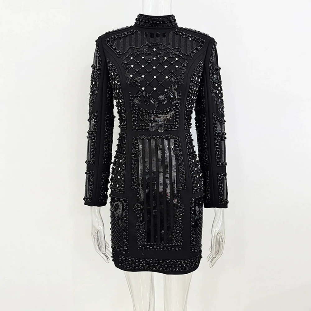 2025 autumn and winter new European and American fashion heavy diamond beaded sequined elastic tight dress small dress-GZXX1583