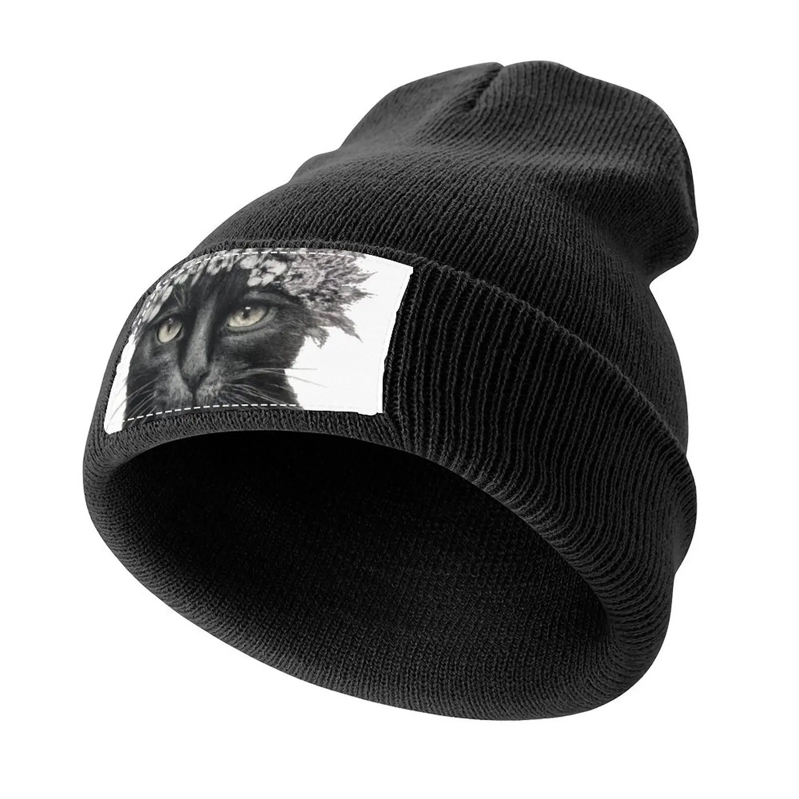 

Pencil Sketch Art of Black Cat in Flower Crown Knitted Cap Fashion Beach New Hat Rugby Men Caps Women's