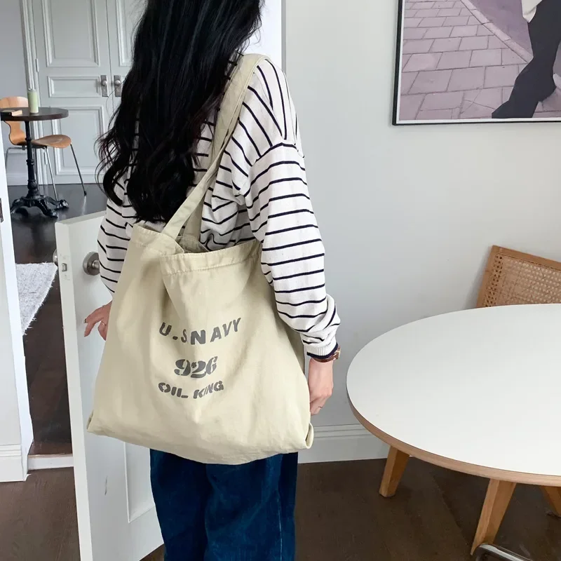 

Casual Cotton Shoulder Bag Versatile Letter Available on Both Sides Elegant Canvas Trendy Bag Large Capacity Shoulder Bag