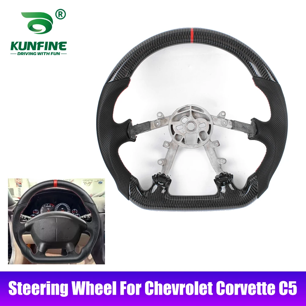 Flat bottom D-type Carbon Fiber Steering Wheel For Chevrolet Corvette C5 Perforated Anti-slip Leather Red Line Replacement