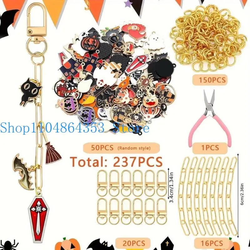 652f DIY Halloween Keyring Making Supplies 237pcs Metal Herbst Handwerksanhänger Set einschließlich gruseliger Charme – Detail 6