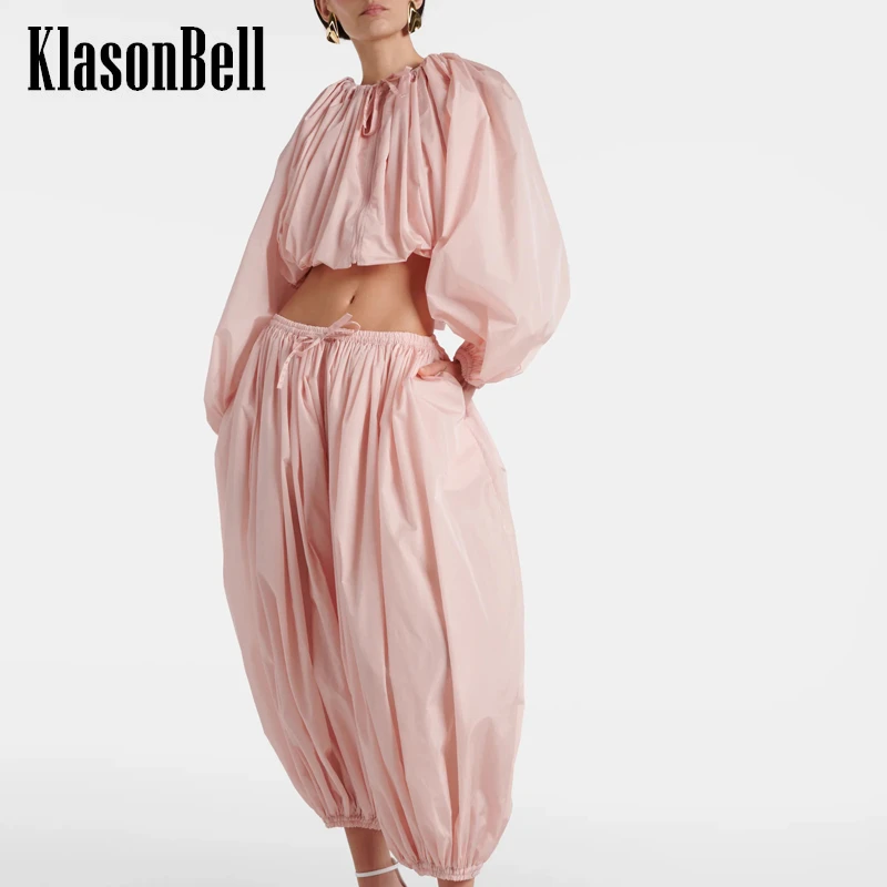 

6.14 KlasonBell Fashion Elegant Slash-neck Zipper Short Blouse Or Lace-up Elastic Waist Ankle-Length Pants Loose Set Women