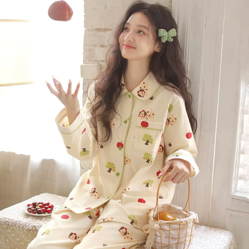 

Женские длинные брюки с длинными рукавами, пижамный комплект из 2 предметов, одежда для дома из чистого хлопка с милым мультяшным принтом на осень, милая удобная домашняя одежда XXL