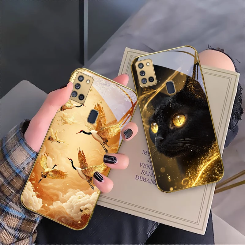 

Mysterious black cat For Samsung A 31 32 A33 A34 35 14 A15 13 A16 25 26 50 52 53 54 55 56 70 71 72 73 Golden glass phone case