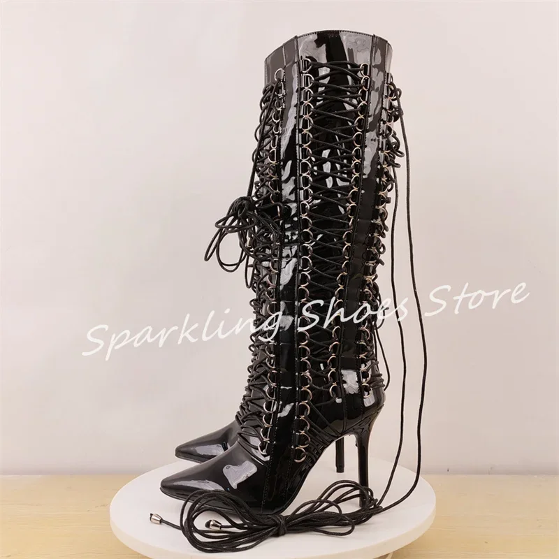 

Black Lace-up Bandge Knee High Women Boots Pointed Toe Stilettos High Heel Motorcycle Boots Ladies Glossy Leather Long Boots
