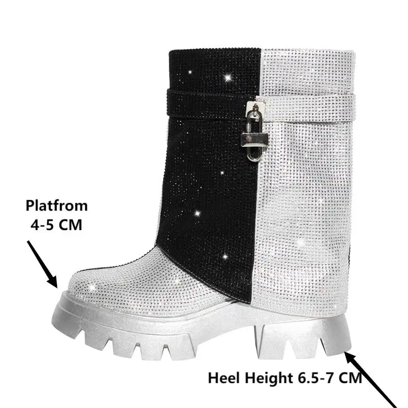 Onlymaker Women Fold Over Rhinestone Trim Boots Round Toe Handmade Female Side Zipper Mid-Calf Boots