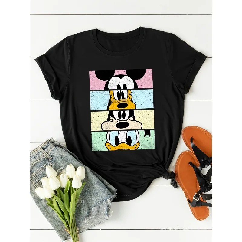 Camiseta de moda para mujer, dibujos animados de Disney, estilo lindo para niños, Mickey Mouse, Pato Donald, Plutón, Goofy, estampado informal, manga corta para mujer