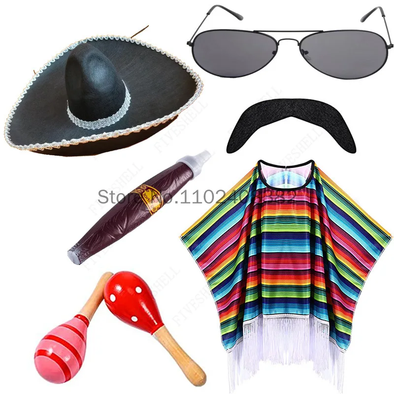 Mexican Shawl Halloween Cloak Cosplay Prom Party Festival Mexican Hat Sunglasses Smoke Pipe Adult Children\'s Stripe Cloak 6-PCS