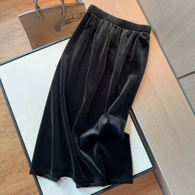 

Black Velvet Skirts For Women Elastic Waist Solid Autumn Winter Long Skirt Korean Fashion Retro Elegant Faldas Mujer