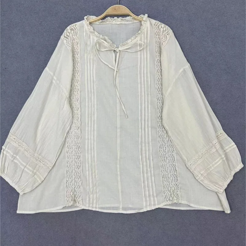 Johnature-camisa ramie fina e solta vintage feminina, babados casuais, renda em retalhos, manga 9 quartos, tops para primavera e verão, nova, 2024