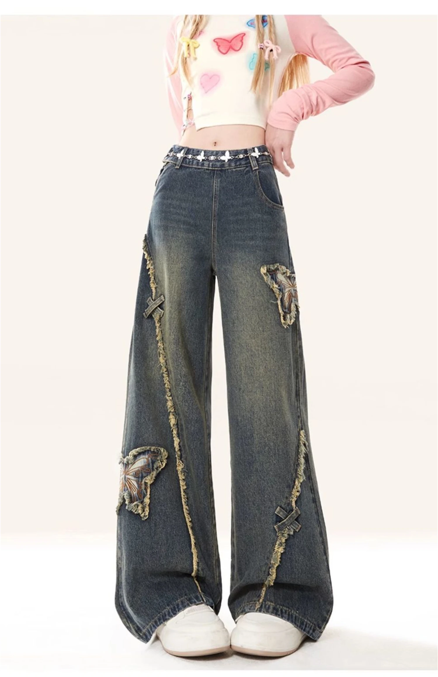 Women's Blue Denim Wide Leg Jeans Fashion Butterfly Embroidery Patch Distressed High Waist Vintage Casual Streetwear Trousers