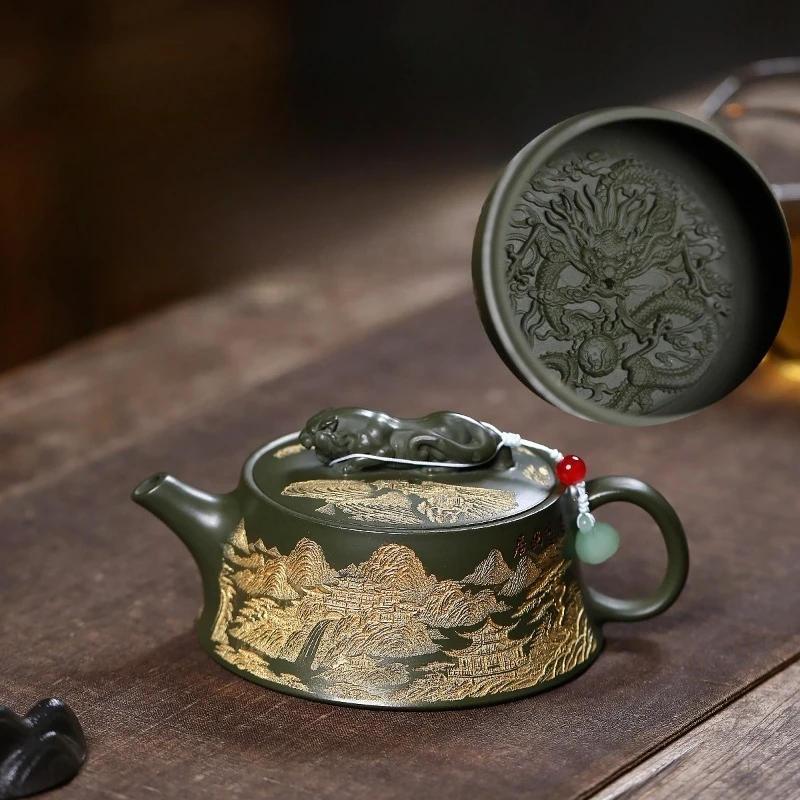 Handcrafted Yixing Zisha Teapot Made From Raw Green Clay—“Crouching Tiger, Hidden Dragon” Teapot