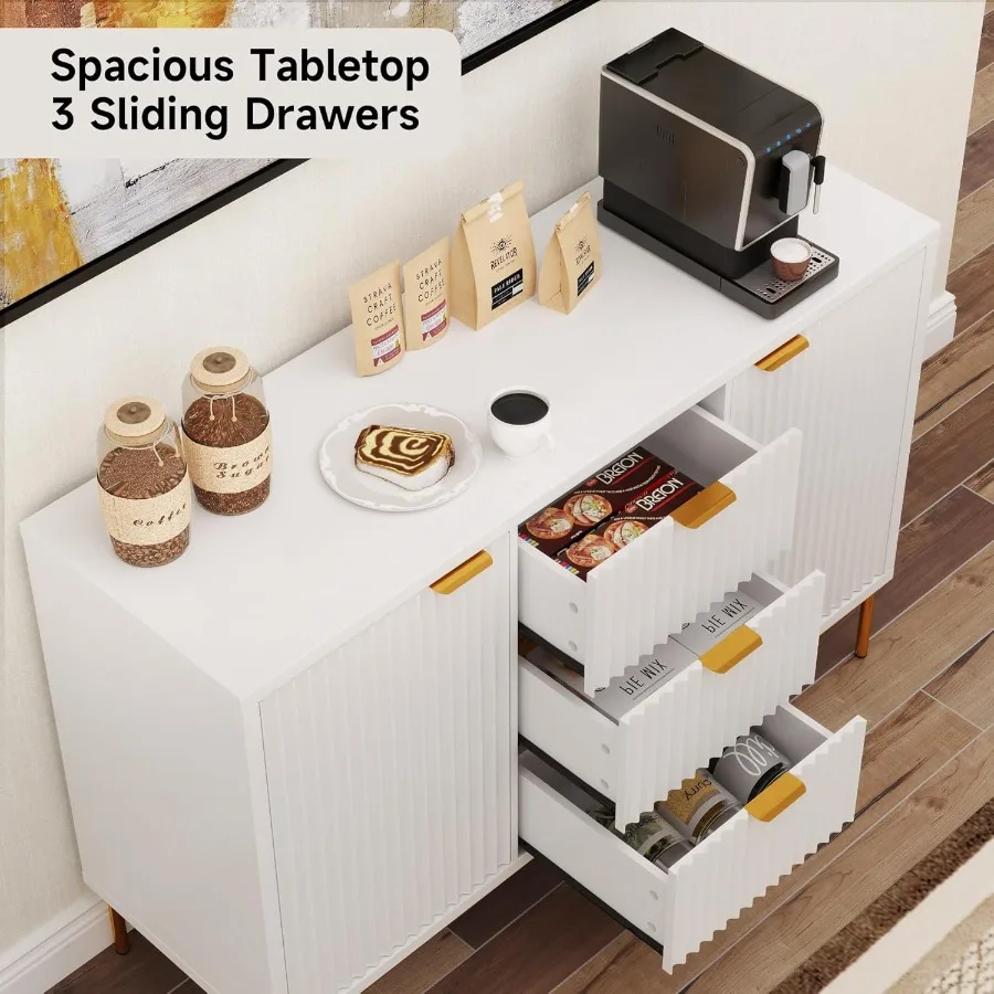 خزانة بوفيه جانبية مخددة حديثة 47 طاولة بوفيه مع مساحة تخزين مع بابين و3 أدراج ورف قابل للتعديل لبار القهوة كابي #6