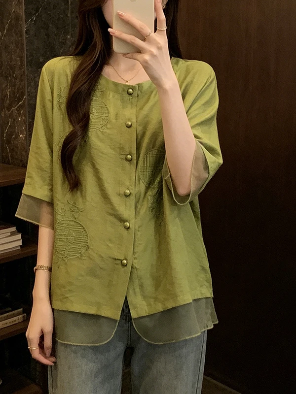 

plus Size Summer New Women's Maternity Shirt Embroidered Short Sleeve round Neck Loose Belly Covering Slimming Effectiveness