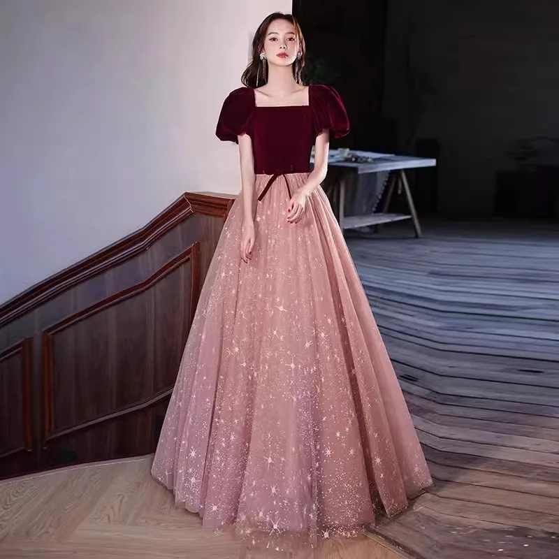 Samt Patchwork Tüll Abendkleid einfache quadratische Kragen Prinzessin Puff ärmel Ballkleid rücken freie Schnürung Bogen Abschluss kleider