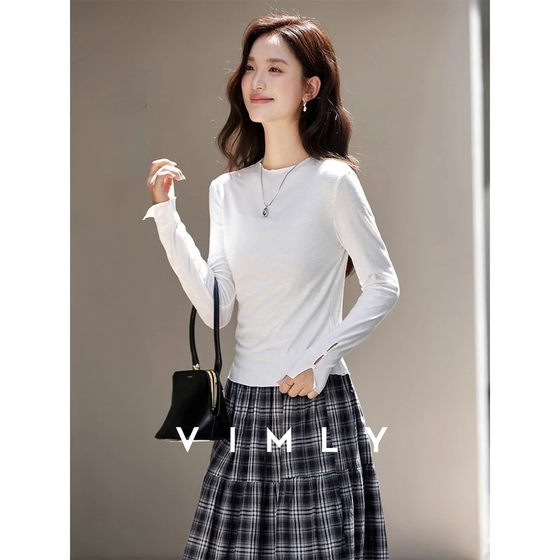 

VIMLY Women's Long Sleeve White T-shirts Casual Ruched Crew Neck Ladies Tops Autumn 2025 New Knitted Slim Fit Female Tees A2389