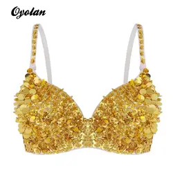 Reggiseno bustier da danza del ventre da donna, moda, scintillante, paillettes scintillanti, perline, reggiseno imbottito, top per costumi di carnevale di rave balze