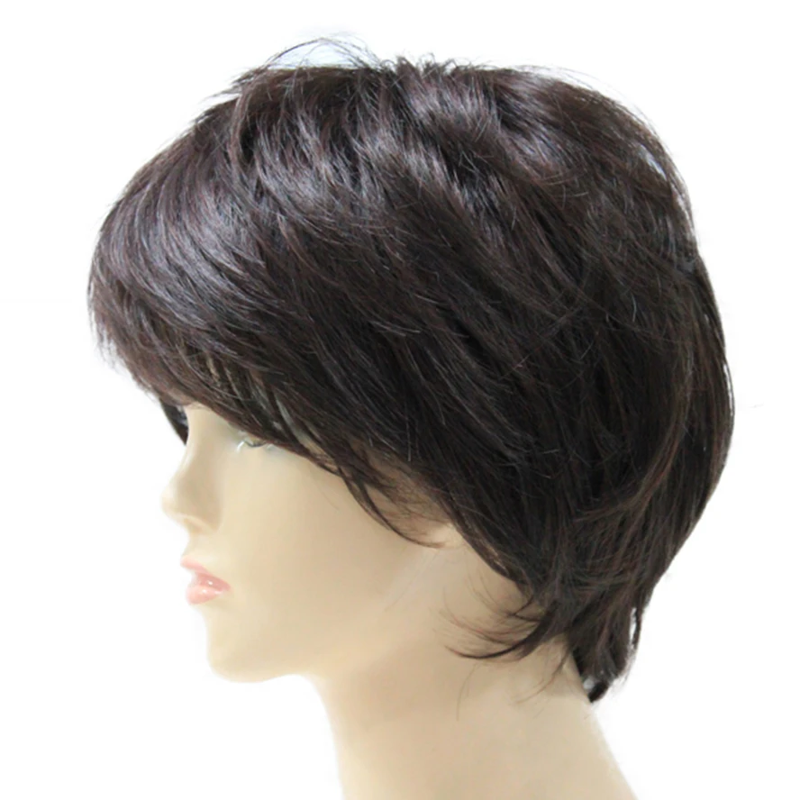 Peruca de cabelo sintético com franja para mulheres, cabelo natural reto, castanho curto, sintético completo para mulher