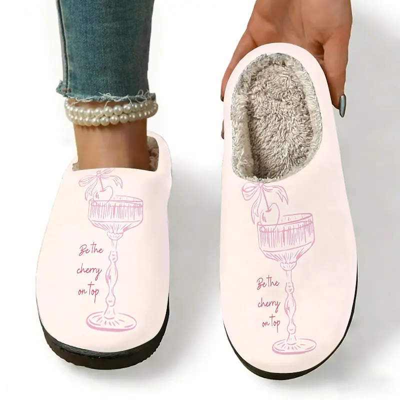 Cocktail Glass Pink Print Women's Winter Warm Plush Slippers Fuzzy Fleece House Slippers Indoor Shoes
